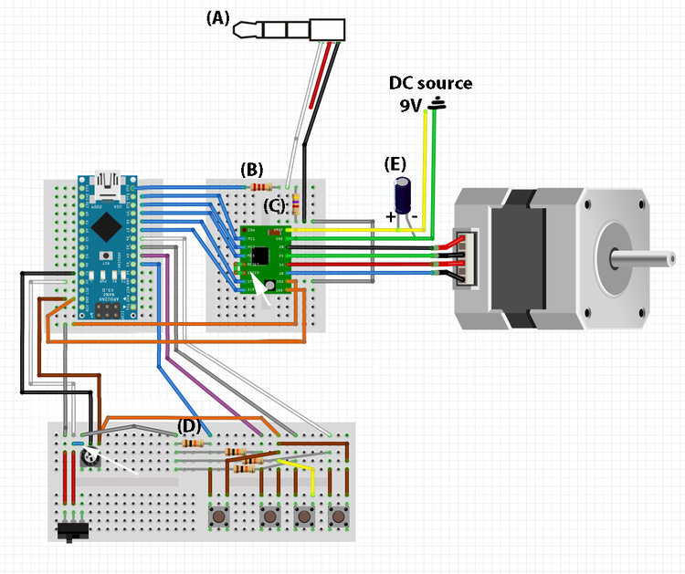 Figure 8: (A) is a 2.5mm jack, (B) and (C) are 2K Ohm and 5K Ohm resistors, (E) is a 1000uF  35V capacitor to dampen voltage spikes (100uF should be enough), (D) all 4 resistors are 10K Ohm resistor. The white arrows show the tiny wires. You do not need to solder a capacitor to wires as shown on (E), see Figure 7. Make sure the - negative site of the electrolytic capacitor is connected to the negative and + side to the positive DC source.