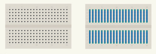 Figure 9: The wiring inside mini breadboards. Holes on the blu line are all connected to each other. So any two point on the blue line will be connected, ensuring a solderless project, with no flux fumes.