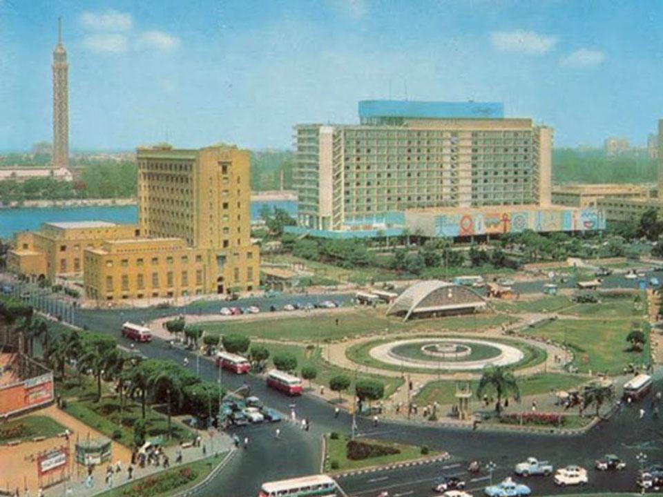 Tahrir Square, in the early 1960s. In the background, the former Nile Hilton. Vintage postcard courtesy of Mohamed Elshahed, image courtesy of Design observer