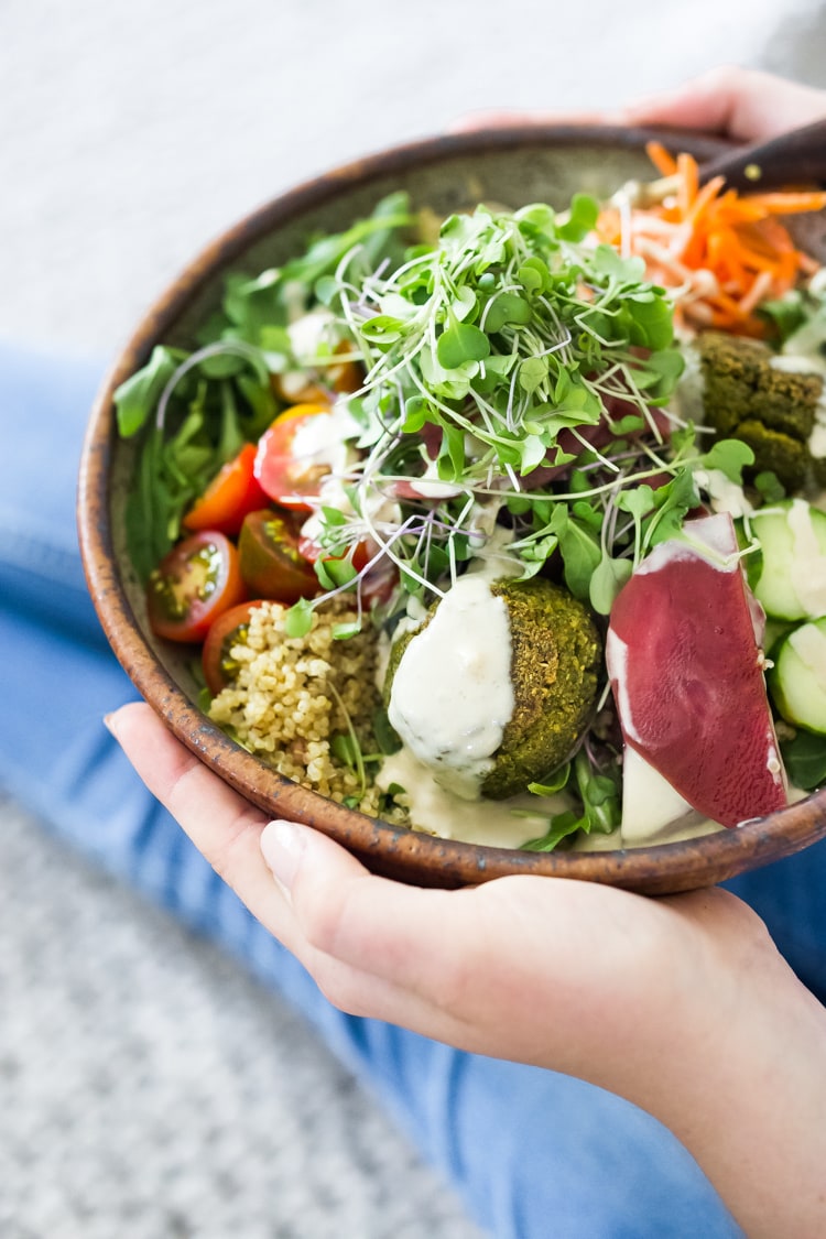 Our 20 BEST Buddha Bowls!| Like this...Baked Falafel Bowl! Meal-prep these authentic falafels and freeze for the busy workweek. Serve with warm grains or grains, fresh or roasted veggies and tahini sauce! Vegan and Gluten-free! #buddhabowl #veganbowl #veganbowls #buddhabowls #falafelbowl #easyfalafel #bakedfalafels #bakedfalafel #falafelsalad #cleaneating #eatclean #plantbased #detox
