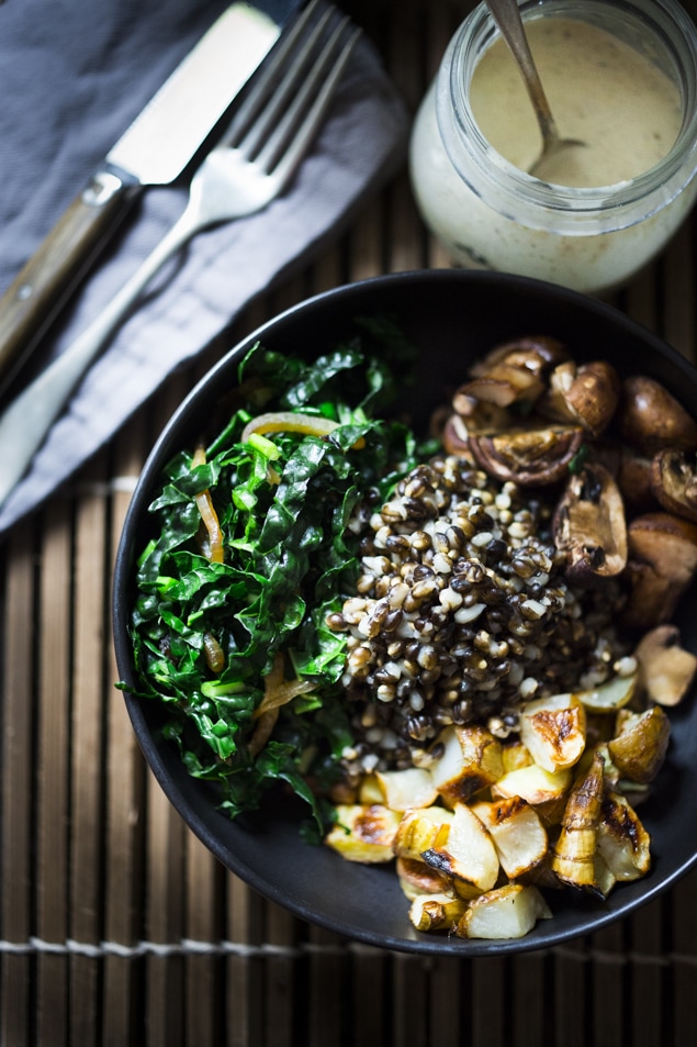 Our 20 BEST Buddha Bowls!|Roasted Sunchoke and Barley Bowl with mushrooms, parsnips and kale, drizzled with a Zaatar Tahini Sauce - a healthy vegan plant-based bowl, perfect for fall! #barley #sunchokes #sunchoke #bowl #buddhabowl #veganbowl