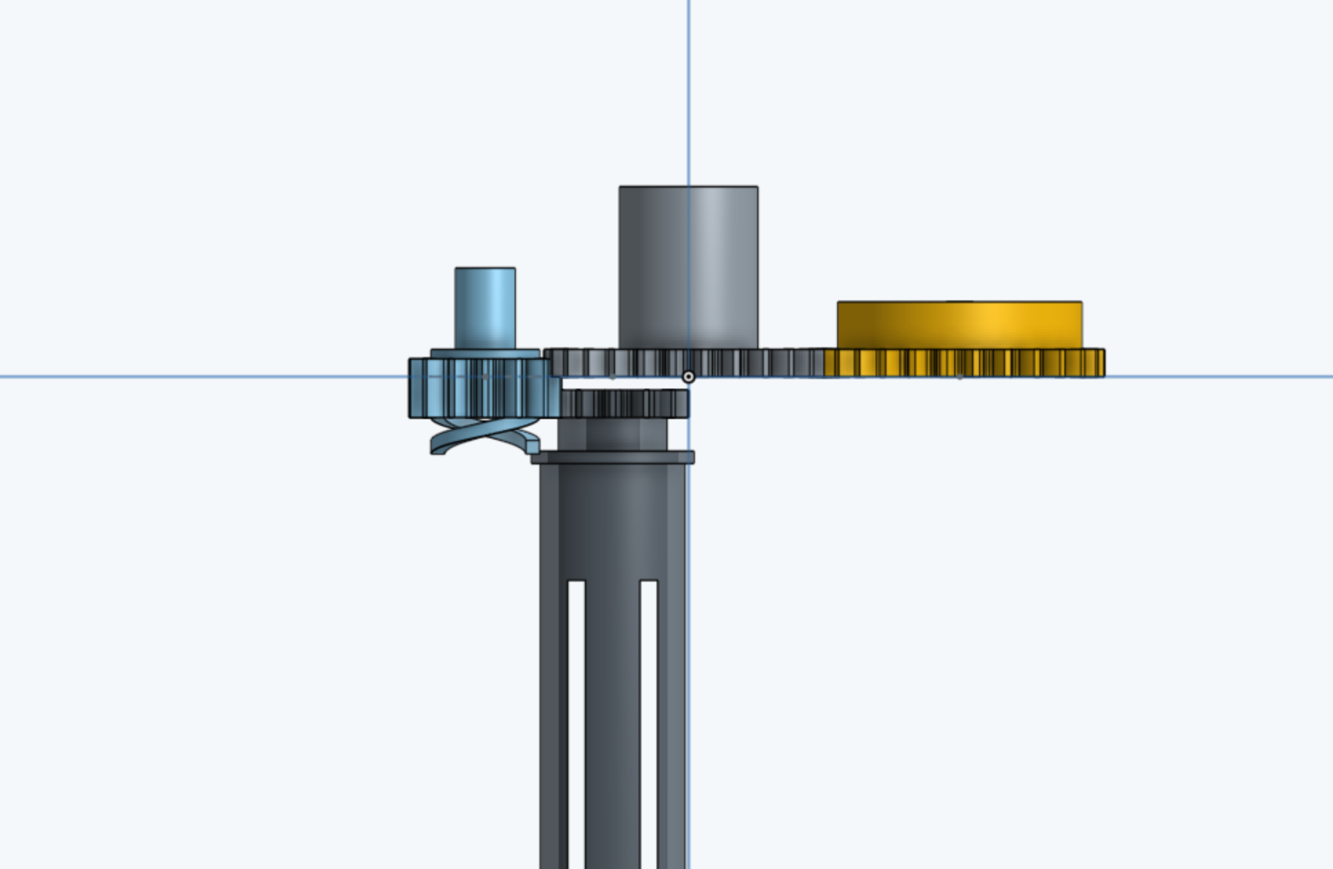 The original gearing of the Oxygen V2, in light blue, the coupling gear with it’s integrated 3D printed spring. In yellow, the counter gear