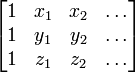 \begin{bmatrix}  1 &amp; x_1 &amp; x_2 &amp; \dots \\  1 &amp; y_1 &amp; y_2 &amp; \dots \\  1 &amp; z_1 &amp; z_2 &amp; \dots \end{bmatrix} 
