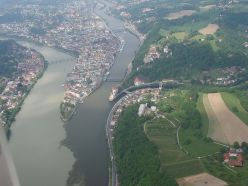 Aerial View of Passau and the Confluence of the Danube and the Inn. Photo by solarthermienator, CC, distributed under Attribution Share Alike 3.0