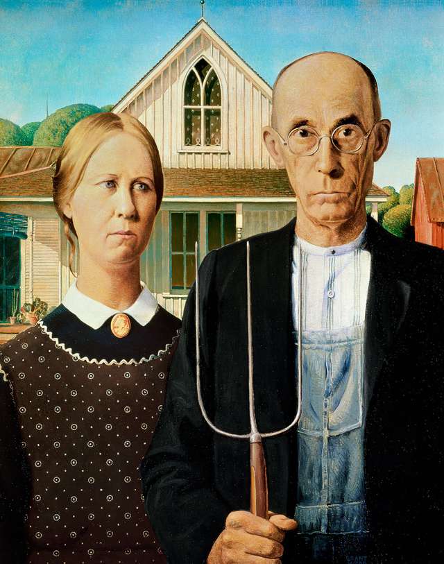 American Gothic, oil on beaverboard by Grant Wood, 1930; in the Art Institute of Chicago. 74.3 × 62.4 cm.
