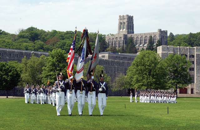 Colour guard of the United States Military Academy, West Point, New York, during morning exercises.