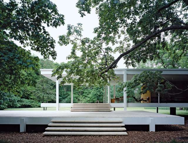 Patio of the Farnsworth House, Plano, Ill., designed by Ludwig Mies van der Rohe, completed 1951.