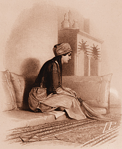 This portrait has sometimes been identified as Edward Lane’s Greek-born wife Nefeeseh, whom—according to family tradition—he found in a Cairo slave market, purchased and later married. (In fact, Lane’s friend Robert Hay was probably the principal in the transaction.) More probably, however, the portrait is a study by Lane’s brother Richard of an unidentified young Egyptian woman, made from a sketch by Lane. Nonetheless, Nafeeseh would have dressed much like this in Cairo.